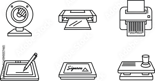 Office equipment icons display devices used for documentation and digital capture, such as scanners and webcams.