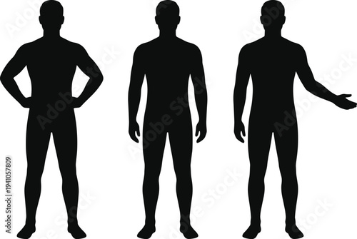Male body silhouette standing poses front view muscular man isolated black vector illustration human anatomy figure character set