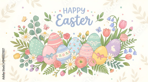 Cheerful 'Happy Easter' banner with colorful eggs, blooming spring flowers, and lush green foliage