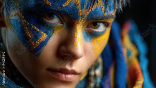 Woman with vibrant blue and yellow face paint and clothing