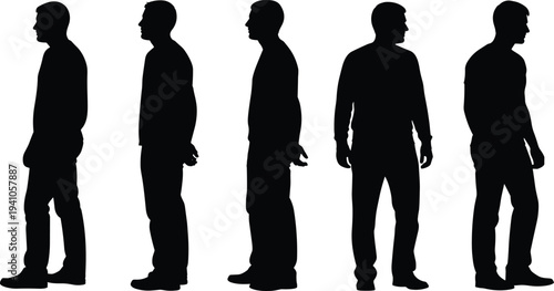 Male body types silhouettes weight transformation slim to overweight standing side view men isolated black vector illustration