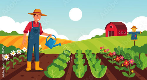 Farmer Watering Crops

Flat vector illustration of a farmer watering crops with a watering can or irrigation hose. Rows of healthy plants growing in a farm garden. Bright outdoor environment. 