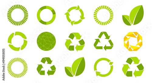 Set of green circular loading progress indicators and ecology symbols