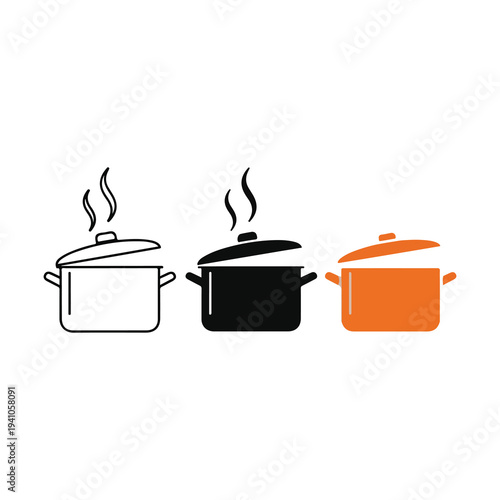 Isolated vector illustration of a stainless steel cooking pot and kitchen utensils with a metal lid and steam on a white background