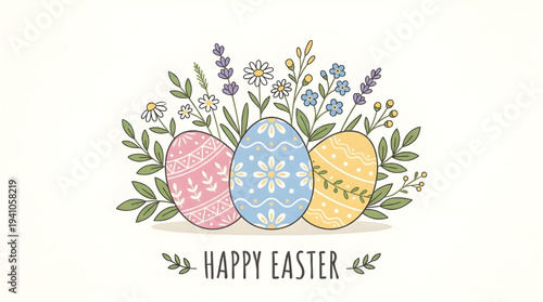 Charming array of delicately decorated eggs nestled amidst a vibrant spring floral arrangement, perfect for celebrating the festive holiday season