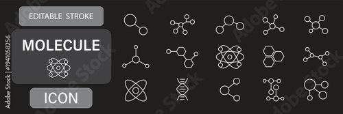 Modern Science and Technology Line Icons Set – Atom, Molecular Structure, Chemical Formula, Hexagon Benzene Ring and Network Connection Symbols Isolated on White Background
