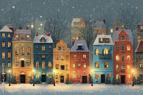 Winter town with colorful European style houses covered in snow, warm glowing windows, bare trees, and street lamps creating cozy festive atmosphere at night