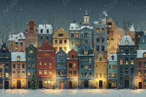 European winter town with colorful old houses covered in snow at night, warm glowing windows create cozy and festive atmosphere during snowfall in charming city street