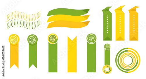 Yellow and green ribbon banners with circular badges and spiral icons