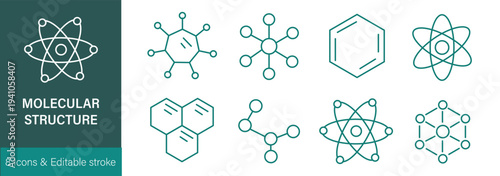 Molecule  cell  atom  protein editable stroke outline icons set isolated on white background flat vector illustration