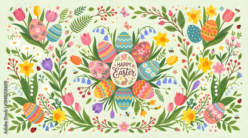Vibrant Spring Easter Illustration with Decorated Eggs and Blooming Floral Garland Design