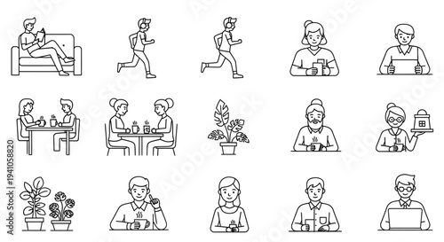 diverse people engaged in daily life activities from reading and running to social interaction and working reflecting modern lifestyles.