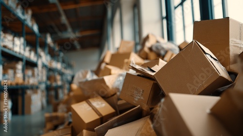 Disorganized brown cardboard boxes are stacked haphazardly in a large pile within a busy warehouse distribution center