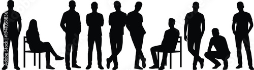 Men silhouettes collection standing sitting squatting and relaxed poses, male people characters isolated vector illustration set