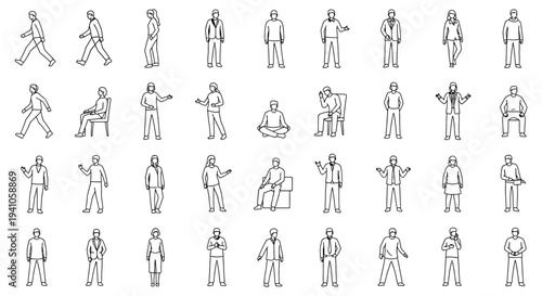 set of minimalist line art human figures in various poses and activities perfect for ui ux design and digital projects