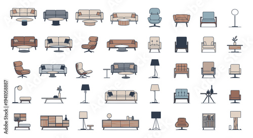 modern living room furniture and stylish interior design elements depicted as minimalist line art vector icons for home decor concepts.