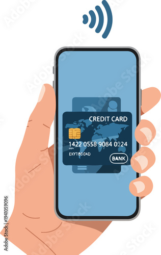 Hand holding smartphone displaying a digital credit card with contactless payment symbol, representing convenient modern financial transactions and mobile commerce. Clean graphical.