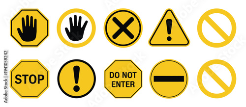 Stop Do Not Cross Ban Forbidden Exclamation Alert Mark Vector Icon Set, road safety sign board symbols, yellow and black stop sign, stop hand sign, warning and caution vector illustration for traffic 
