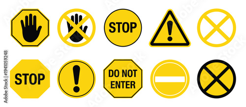 Stop Do Not Cross Ban Forbidden Exclamation Alert Mark Vector Icon Set, road safety sign board symbols, yellow and black stop sign, stop hand sign, warning and caution vector illustration for traffic 