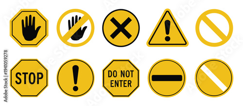 Stop Do Not Cross Ban Forbidden Exclamation Alert Mark Vector Icon Set, road safety sign board symbols, yellow and black stop sign, stop hand sign, warning and caution vector illustration for traffic 