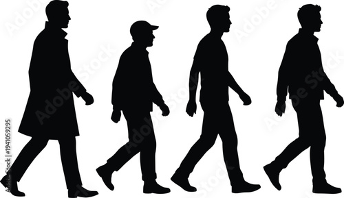 Men walking silhouettes collection side view male characters in different outfits walking poses vector illustration set