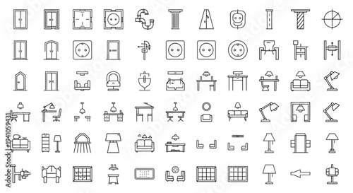 set of line art icons for interior design and architecture showcasing common home and office furniture fixtures and elements.