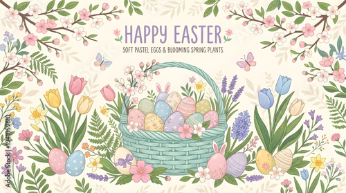 Whimsical springtime illustration a charming basket of festive eggs surrounded by blooming flowers