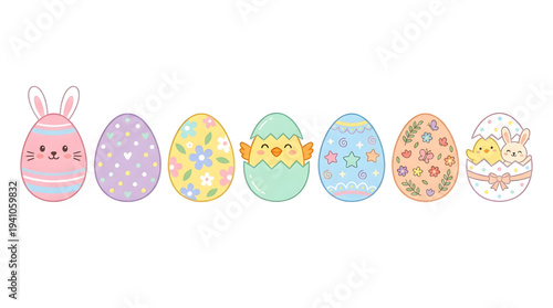 A delightful row of colorful decorated Easter eggs featuring charming bunnies and cheerful chicks, perfect for spring holiday designs