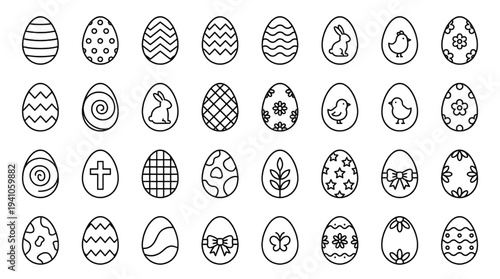 A diverse collection of black outline Easter eggs featuring various festive patterns for spring holiday celebrations