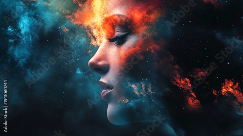 A woman's face with fire and nebulae