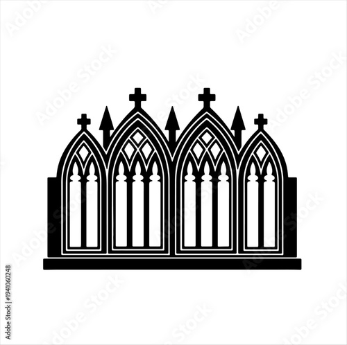 Black-and-white vector silhouette of Gothic cathedral windows with spires and tracery, medieval architectural design.