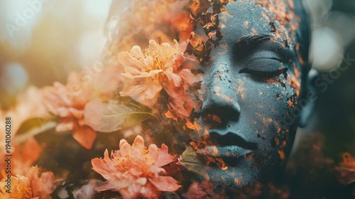 A woman's face merging with blooming flowers, a surreal image of nature and human connection
