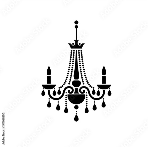 Black-and-white vector silhouette of a decorative chandelier with candles and beads, elegant interior design element.