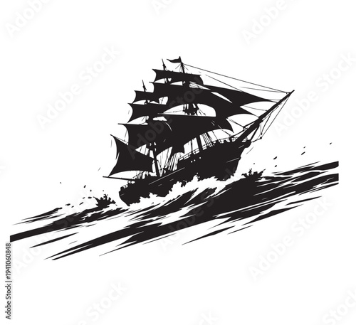 Vintage Sailing Ship on Ocean – Classic Tall Ship Vector Silhouette
