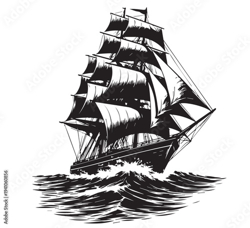 Vintage Sailing Ship on Ocean – Classic Tall Ship Vector Silhouette