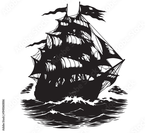 Vintage Sailing Ship on Ocean – Classic Tall Ship Vector Silhouette