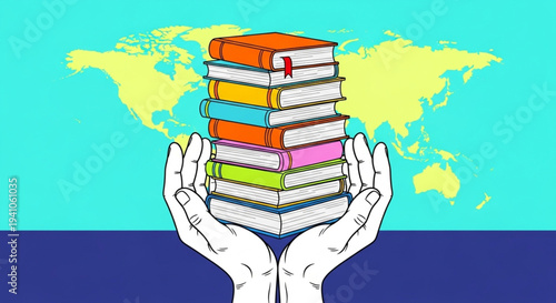 Global Education Initiative Hands Upholding a Stack of Knowledge-Filled Books Against a World Map Background, Symbolizing Universal Learning and Literacy