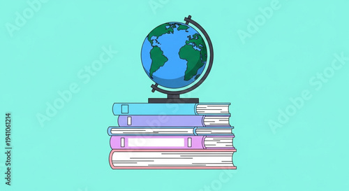 World Book and Copyright Day Illustration of a globe resting on a stack of books against a light blue background, symbolizing education and knowledge acquisition for global understanding