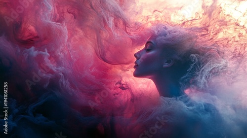 A woman with flowing hair in a colorful smoke cloud