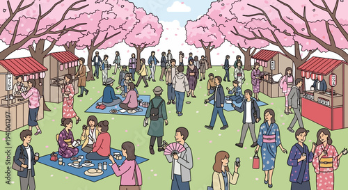 Cherry Blossom Festival Picnic: People Enjoying Hanami Under Sakura Trees in Japan