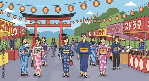 Japanese Festival Scene: People in Yukata at a Torii Gate with Food Stalls