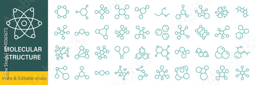 Molecular structure and chemical network line icon set featuring atoms, bonds, hexagon shapes and abstract science symbols in clean minimal outline vector style