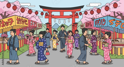 Japanese Festival Scene with Torii Gate, Cherry Blossoms, and People in Kimonos