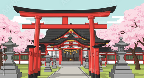 Japanese Shrine Torii Gate and Cherry Blossoms in Pixel Art Style