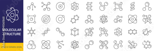 Molecular structure and chemical network line icon set featuring atoms, bonds, hexagon shapes and abstract science symbols in clean minimal outline vector style