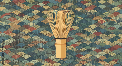 Traditional Japanese Matcha Whisk on Seigaiha Wave Pattern Background