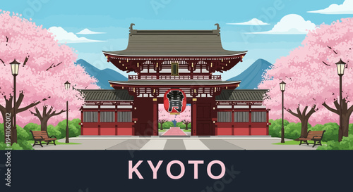 Pixel Art Kyoto Temple Gate with Cherry Blossoms and Mountains