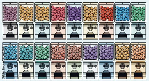 Colorful Gumball Machines with Assorted Candies in a Playful Grid Pattern