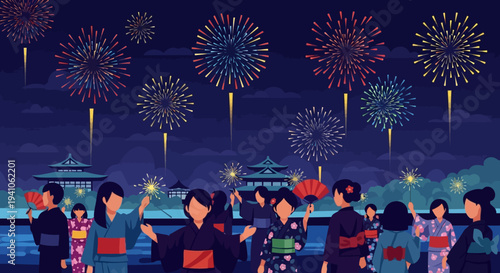 Japanese festival fireworks celebration with people in traditional kimonos