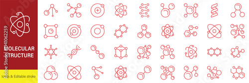 Particle models for medical and chemistry, biotech research thin black symbols vector illustration. Molecular structure, cell and network of chemical compound, molecule and atom line icon set.